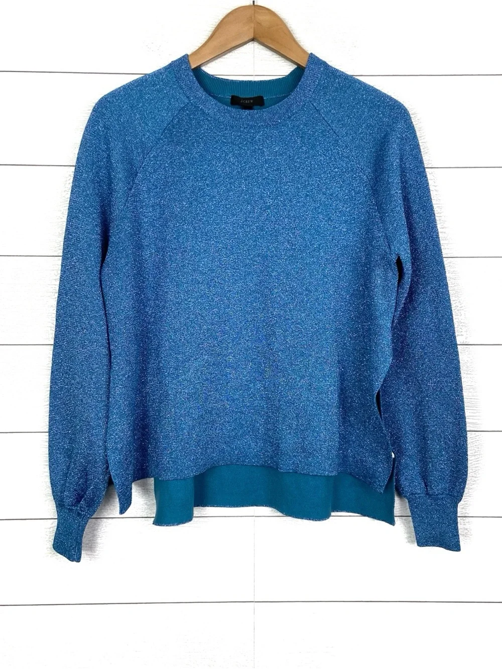 NWT JCREW Blue Sparkle Shimmer Side Slit Crew Sweater Metallic Medium New